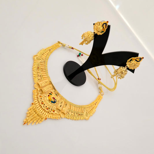 1 Gram Gold (Forming) Gold Tone Peacock Design Traditional Necklace Set with Earrings | Designer Antique Jewellery for Women