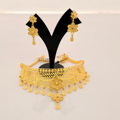 1 Gram Gold (Forming) Gold Tone Floral Cutwork Choker Necklace Set | Traditional Designer Necklace with Earrings for Women