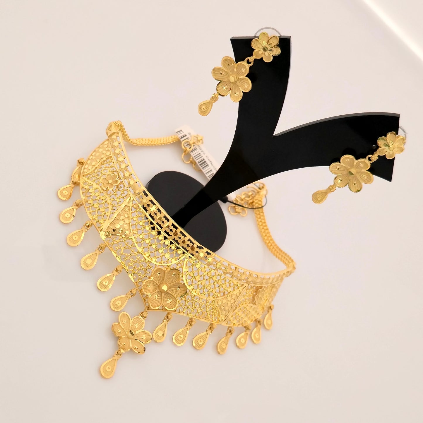 1 Gram Gold (Forming) Gold Tone Floral Cutwork Choker Necklace Set | Traditional Designer Necklace with Earrings for Women