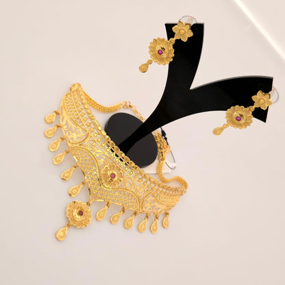 1 Gram Gold (Forming) Gold Tone Pink Stone Floral Cutwork Choker Necklace Set | Traditional Designer Necklace with Earrings for Women