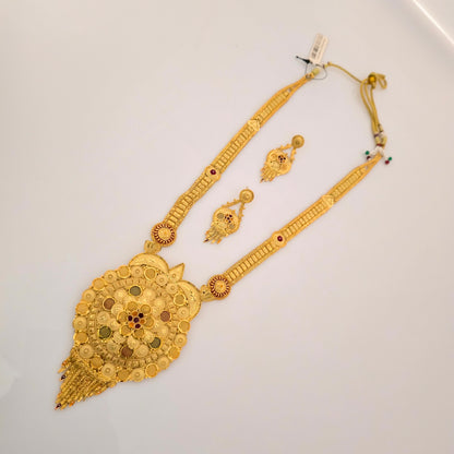 1 Gram Gold (Forming) Long Temple Necklace Set with Big Round Pendant & Earrings | Traditional Bridal Haram Jewellery