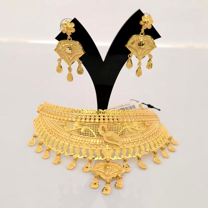 1 Gram Gold (Forming) Gold Tone Traditional Layered Choker Necklace Set with Earrings | Antique Designer Jewellery for Women