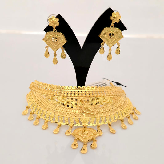 1 Gram Gold (Forming) Gold Tone Traditional Layered Choker Necklace Set with Earrings | Antique Designer Jewellery for Women
