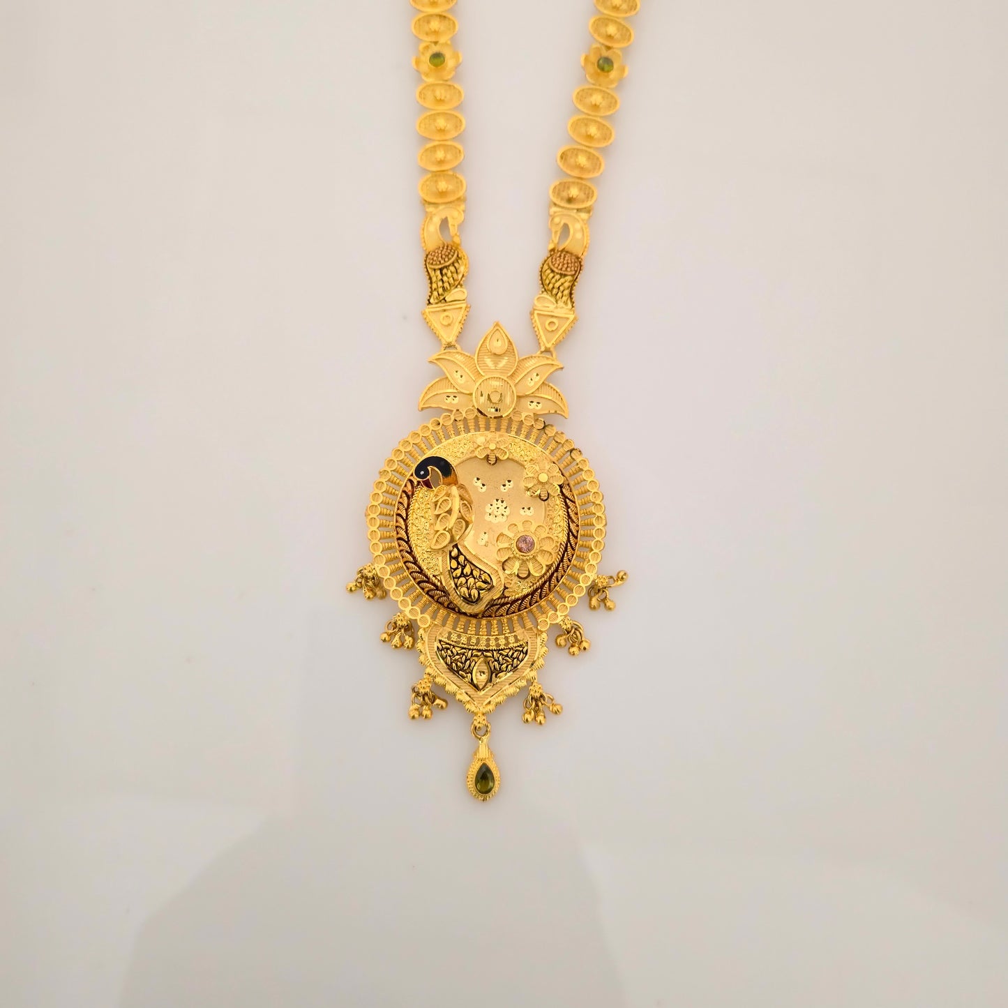 1 Gram Gold (Forming) Long Temple Necklace Set with Coin Design & Peacock Pendant | Traditional Bridal Haram Jewellery
