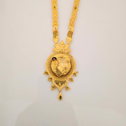 1 Gram Gold (Forming) Long Temple Necklace Set with Coin Design & Peacock Pendant | Traditional Bridal Haram Jewellery