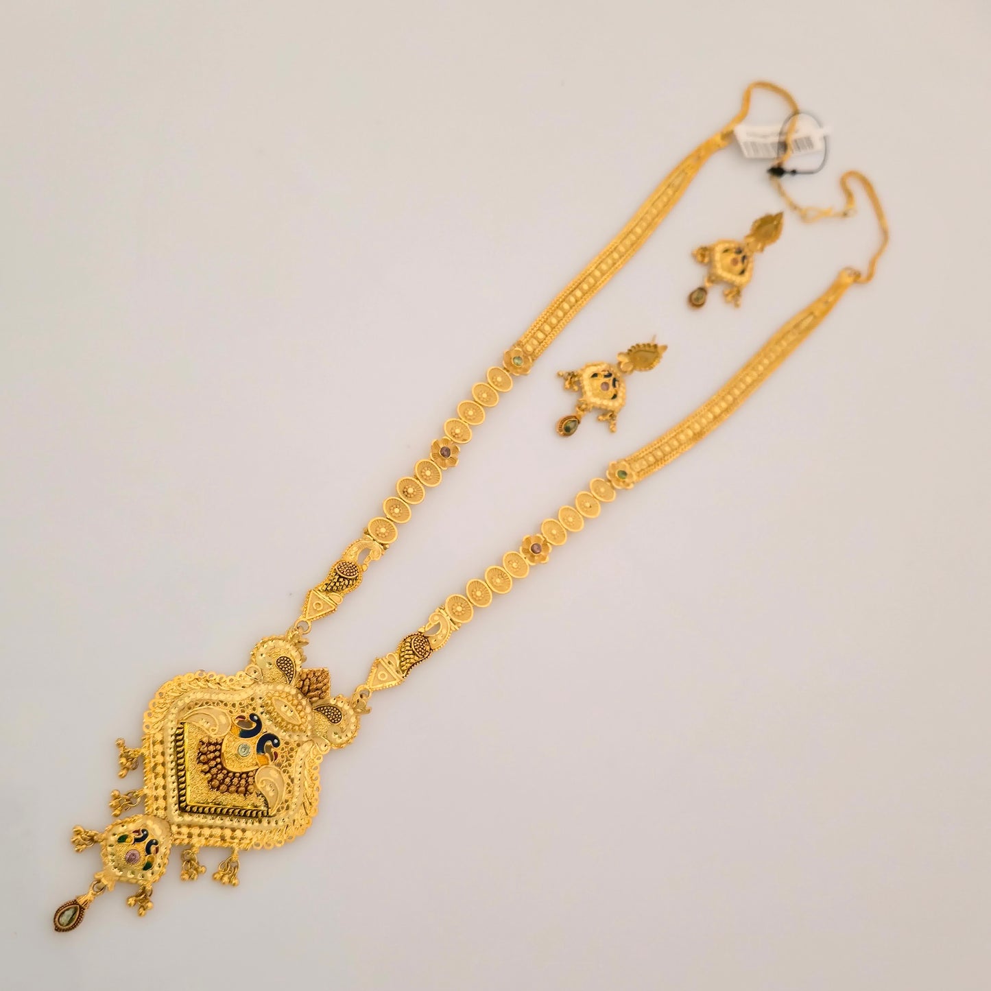 1 Gram Gold (Forming) Long Coin Peacock Temple Necklace Set with Earrings | Traditional Bridal Haram Jewellery