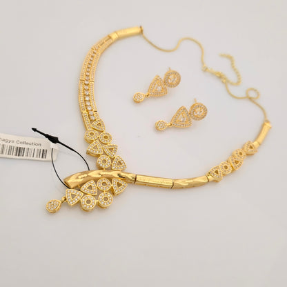 1.5 Gram Gold (Forming) Gold Tone White Stone AD/Zirconia Designer Necklace Set | Stylish Asymmetrical Necklace with Earrings for Women