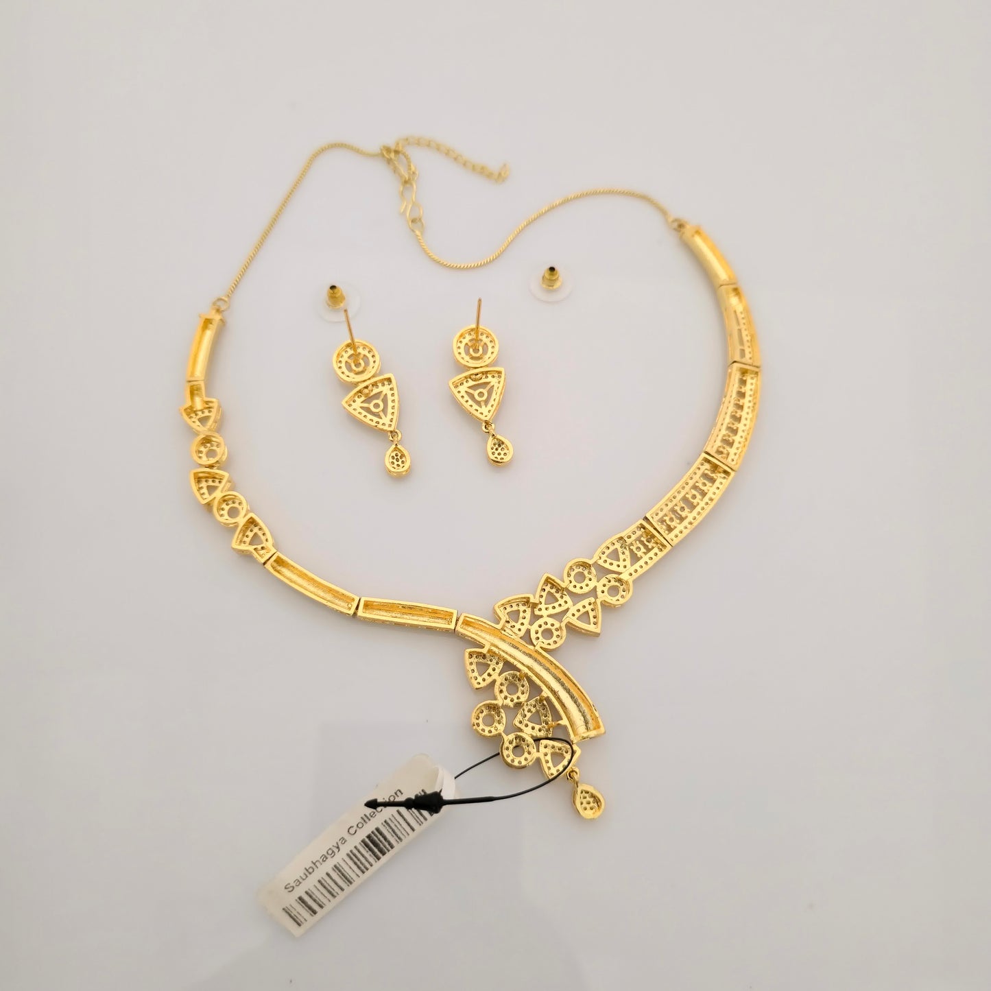 1.5 Gram Gold (Forming) Gold Tone White Stone AD/Zirconia Designer Necklace Set | Stylish Asymmetrical Necklace with Earrings for Women