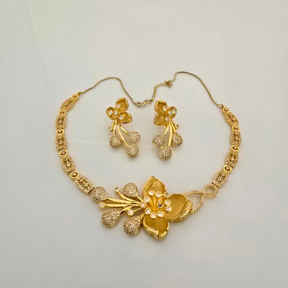 1.5 Gram Gold (Forming) Gold Tone White Stone AD/Zirconia Floral Drop Necklace Set | Designer Flower Pendant Necklace with Earrings for Women