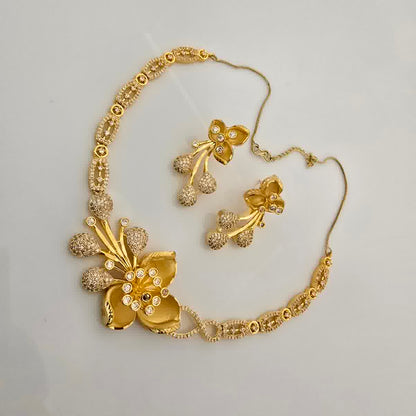 1.5 Gram Gold (Forming) Gold Tone White Stone AD/Zirconia Floral Drop Necklace Set | Designer Flower Pendant Necklace with Earrings for Women