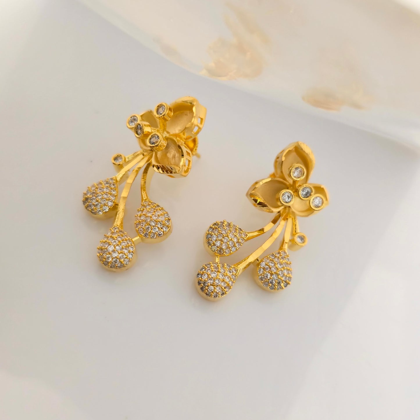 1.5 Gram Gold (Forming) Gold Tone White Stone AD/Zirconia Floral Drop Necklace Set | Designer Flower Pendant Necklace with Earrings for Women
