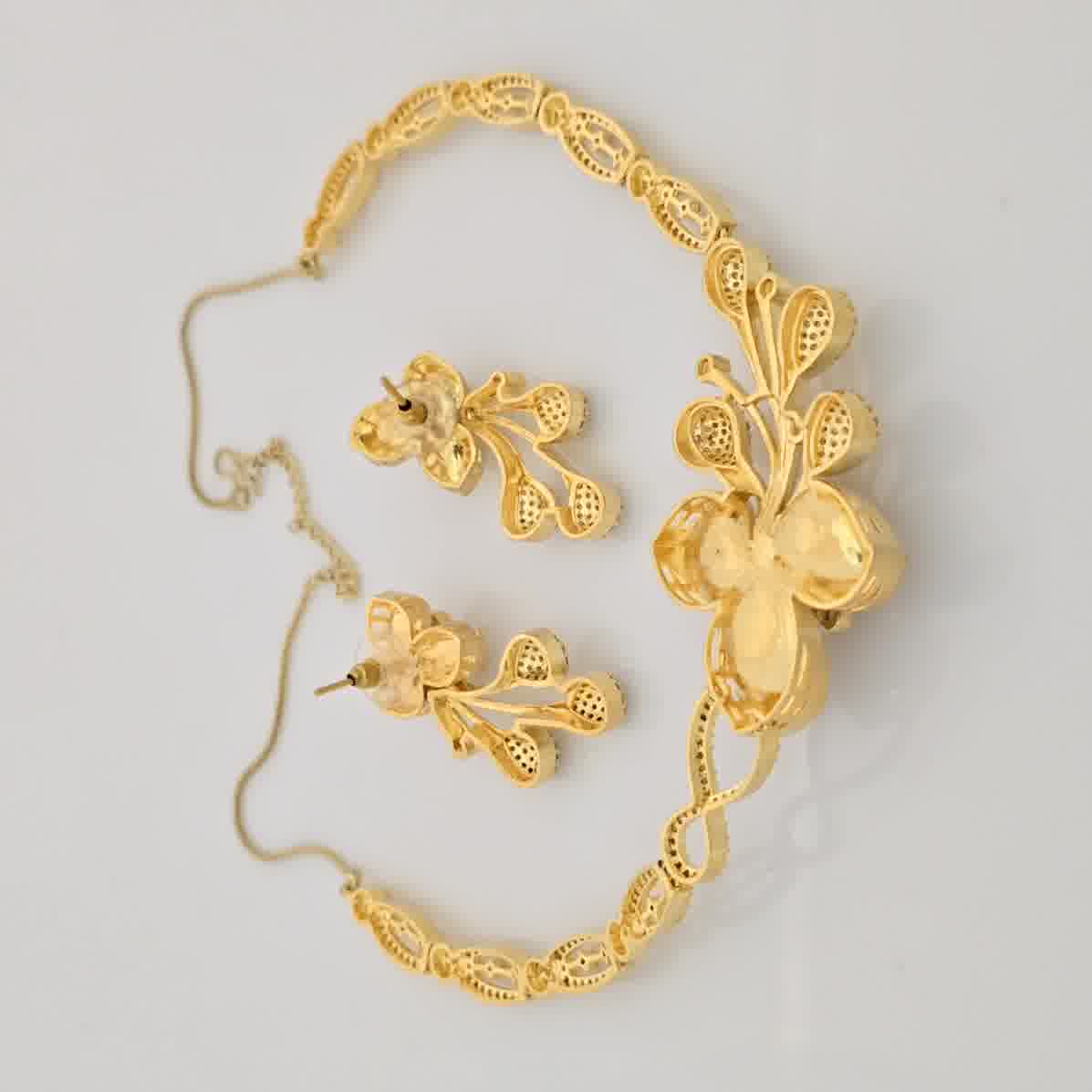 1.5 Gram Gold (Forming) Gold Tone White Stone AD/Zirconia Floral Drop Necklace Set | Designer Flower Pendant Necklace with Earrings for Women