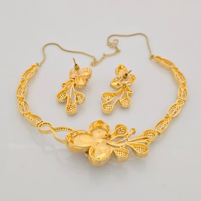1.5 Gram Gold (Forming) Gold Tone White Stone AD/Zirconia Floral Drop Necklace Set | Designer Flower Pendant Necklace with Earrings for Women