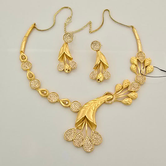 1.5 Gram Gold (Forming) Gold Tone White Stone AD/Zirconia Leaf Drop Necklace Set | Designer Floral Pendant Necklace with Earrings & Mangalsutra for Women