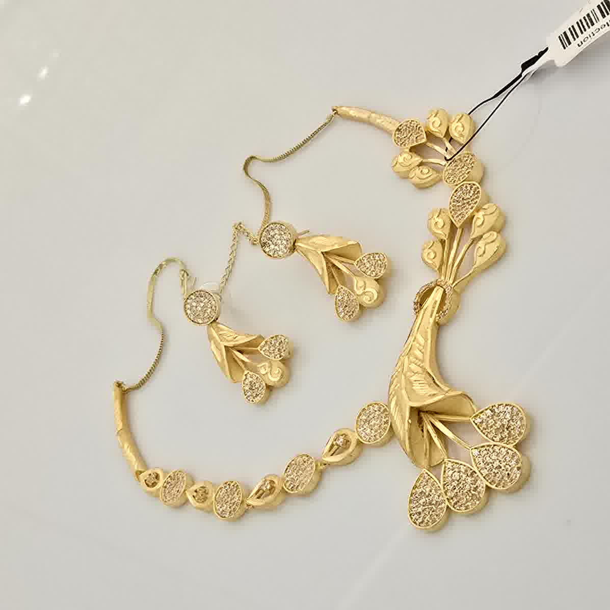 1.5 Gram Gold (Forming) Gold Tone White Stone AD/Zirconia Leaf Drop Necklace Set | Designer Floral Pendant Necklace with Earrings & Mangalsutra for Women