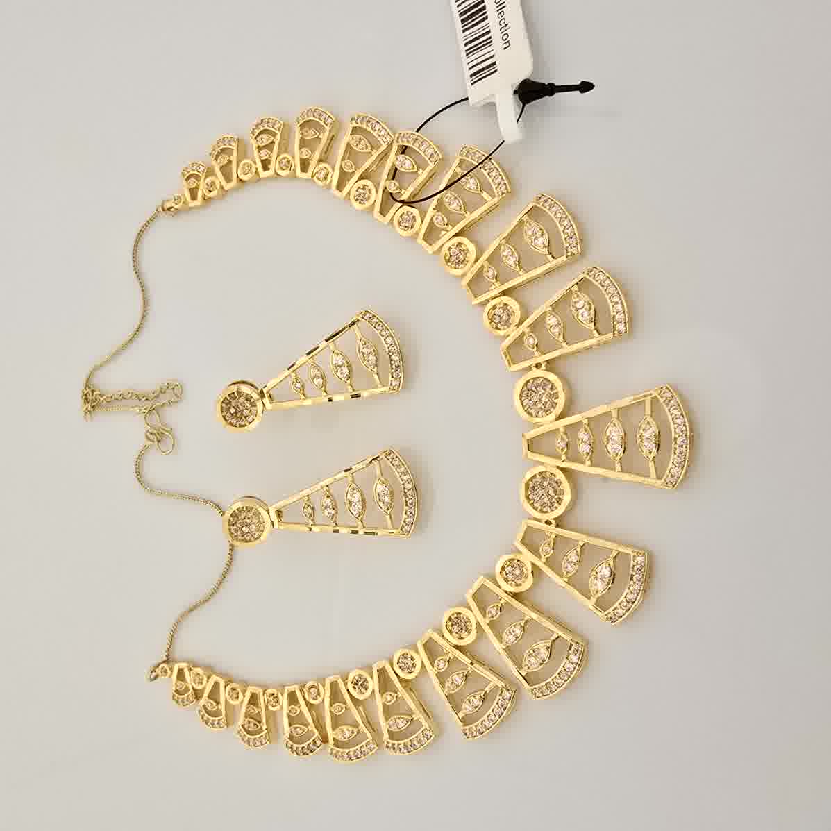 1.5 Gram Gold (Forming) Gold Tone White Stone AD/Zirconia Designer Fan Pattern Necklace Set | Elegant Drop Necklace with Earrings for Women