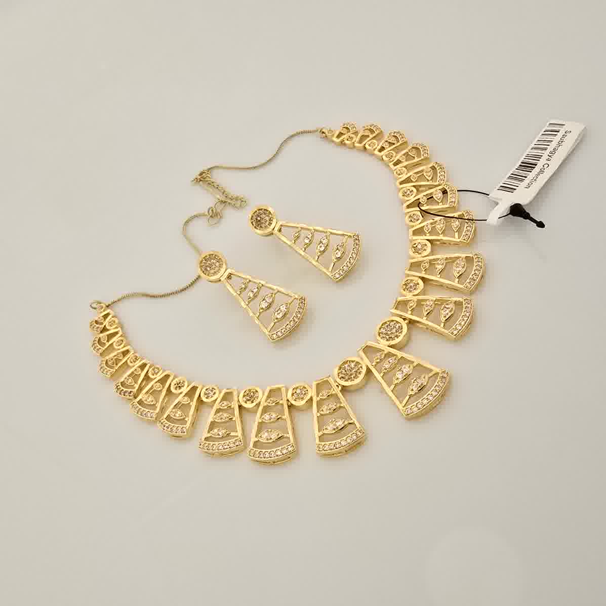 1.5 Gram Gold (Forming) Gold Tone White Stone AD/Zirconia Designer Fan Pattern Necklace Set | Elegant Drop Necklace with Earrings for Women