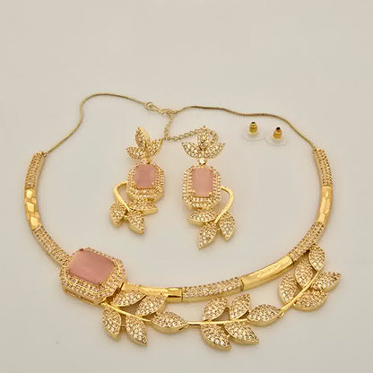 1.5 Gram Gold (Forming) Gold Tone Pink Stone AD/Zirconia Leaf Design Necklace Set | Elegant Designer Necklace with Earrings for Women