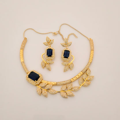 1.5 Gram Gold (Forming) Gold Tone Pink Stone AD/Zirconia Leaf Design Necklace Set | Elegant Designer Necklace with Earrings for Women