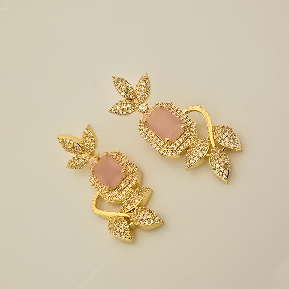 1.5 Gram Gold (Forming) Gold Tone Pink Stone AD/Zirconia Leaf Design Necklace Set | Elegant Designer Necklace with Earrings for Women