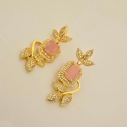 1.5 Gram Gold (Forming) Gold Tone Pink Stone AD/Zirconia Leaf Design Necklace Set | Elegant Designer Necklace with Earrings for Women