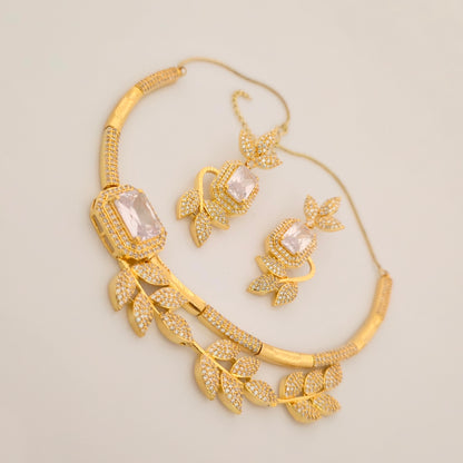 1.5 Gram Gold (Forming) Gold Tone Pink Stone AD/Zirconia Leaf Design Necklace Set | Elegant Designer Necklace with Earrings for Women