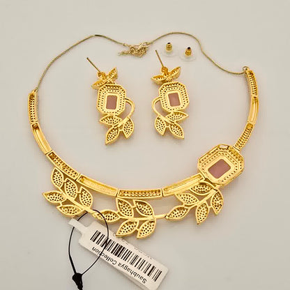 1.5 Gram Gold (Forming) Gold Tone Pink Stone AD/Zirconia Leaf Design Necklace Set | Elegant Designer Necklace with Earrings for Women