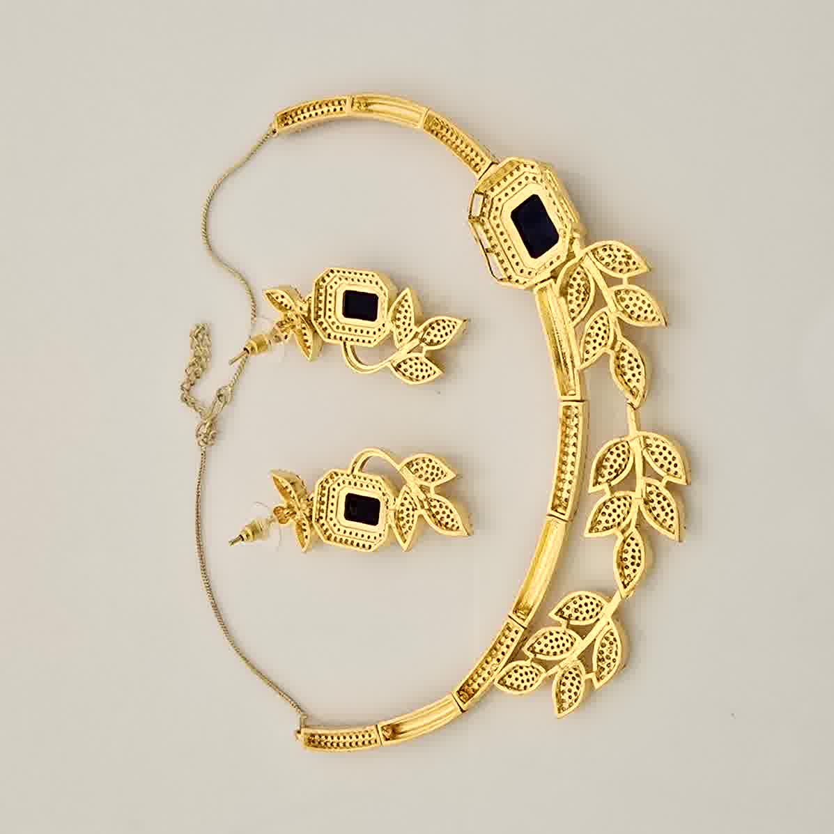 1.5 Gram Gold (Forming) Gold Tone Pink Stone AD/Zirconia Leaf Design Necklace Set | Elegant Designer Necklace with Earrings for Women