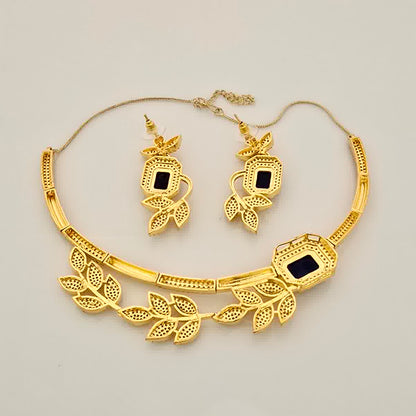 1.5 Gram Gold (Forming) Gold Tone Pink Stone AD/Zirconia Leaf Design Necklace Set | Elegant Designer Necklace with Earrings for Women