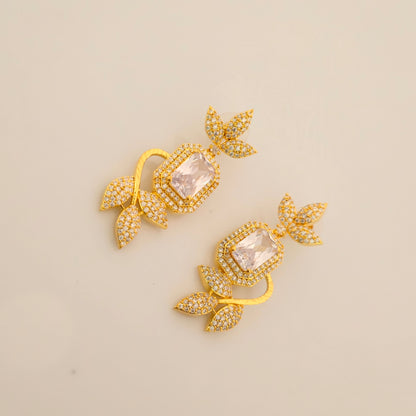 1.5 Gram Gold (Forming) Gold Tone Pink Stone AD/Zirconia Leaf Design Necklace Set | Elegant Designer Necklace with Earrings for Women