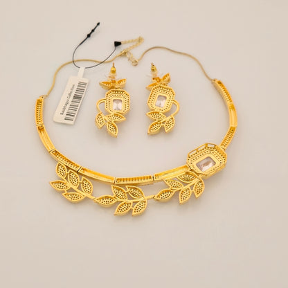 1.5 Gram Gold (Forming) Gold Tone Pink Stone AD/Zirconia Leaf Design Necklace Set | Elegant Designer Necklace with Earrings for Women
