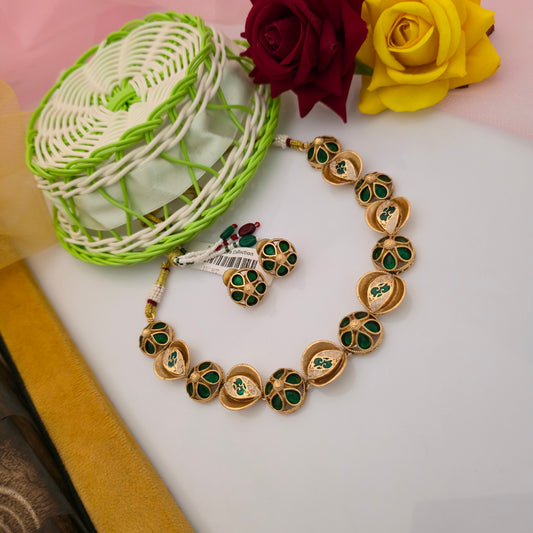 Antique Gold Tone Kundan Style Necklace Set with White Stones and Matching Stud Earrings | Traditional Artificial Jewellery for Women