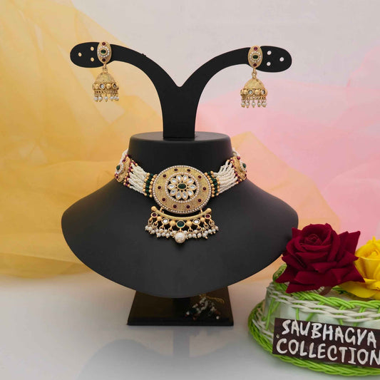 Antique Gold Tone Pearl Beaded Necklace Set with Green & Maroon Stones and Matching Jhumka Earrings | Traditional Ethnic Jewellery for Women