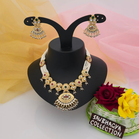 Antique Gold Tone Kundan Style Necklace Set with Maroon Green Stones and Pearl Beads | Traditional Necklace with Matching Earrings for Women