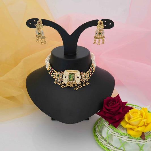 Traditional Antique Gold Tone Multicolor Beaded Necklace Set with Green Stone Pendant & Matching Earrings | Ethnic Jewellery for Women