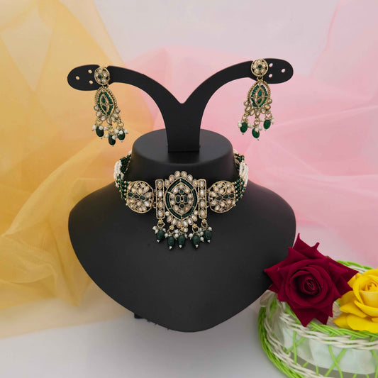 Green Kundan Pearl Beaded Necklace Set with Matching Earrings | Traditional Gold Tone Bridal Jewellery Set for Women