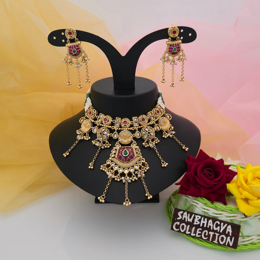 Antique Gold Tone Maroon Green Stone Necklace Set with Long Chain Tassels and Matching Earrings | Traditional Artificial Jewellery for Women