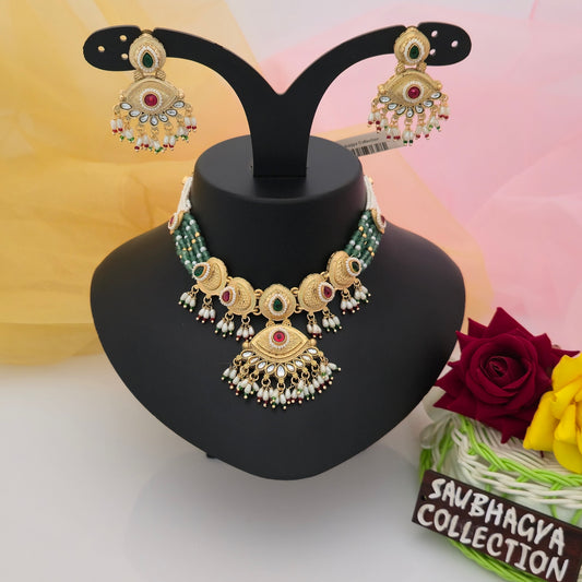 Antique Gold Tone Green Beaded Necklace Set with Maroon & Green Stone Pendant and Matching Earrings | Traditional Ethnic Jewellery for Women