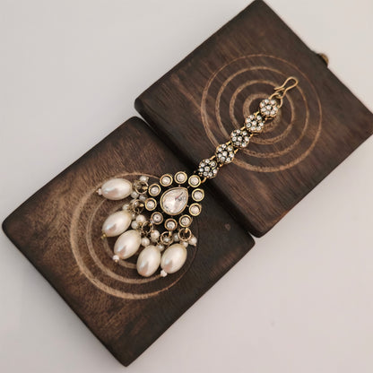 Moissanite and AD Necklace Set with Pearl Drops, Matching Earrings and Maang Tikka | Designer Jewellery for Women