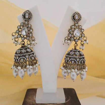 Moissanite and AD Necklace Set with Pearl Drops, Matching Earrings and Maang Tikka | Designer Jewellery for Women