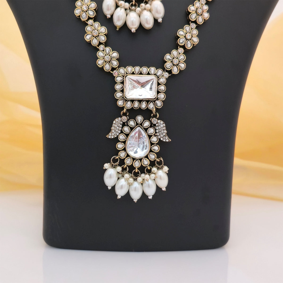 Moissanite and AD Necklace Set with Pearl Drops, Matching Earrings and Maang Tikka | Designer Jewellery for Women