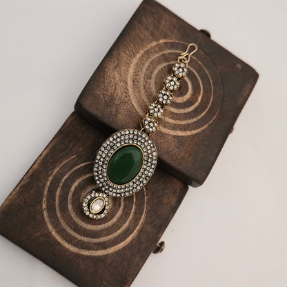 Green AD and Moissanite Necklace Set with Matching Earrings and Maang Tikka | Designer Jewellery Set for Women