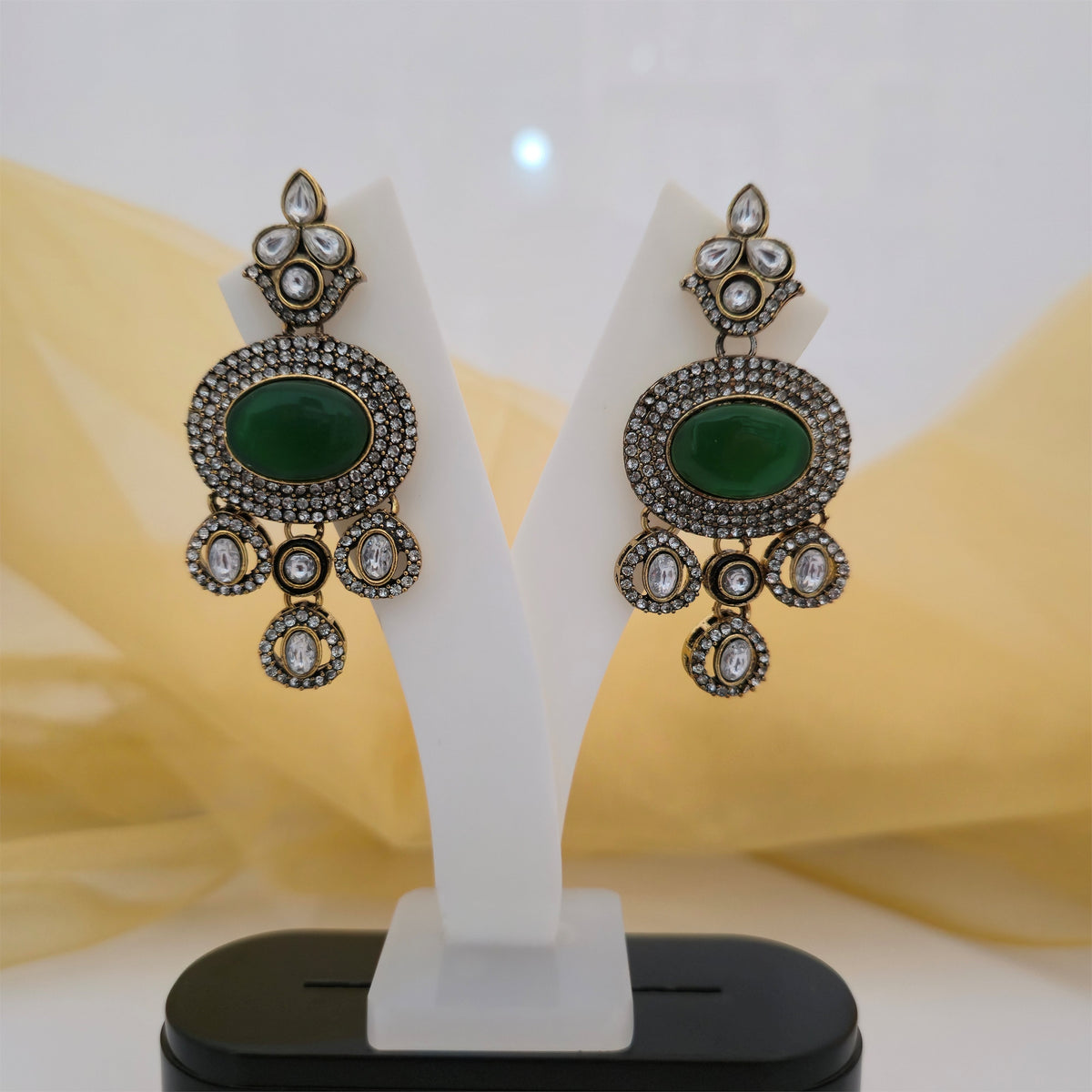 Green AD and Moissanite Necklace Set with Matching Earrings and Maang Tikka | Designer Jewellery Set for Women