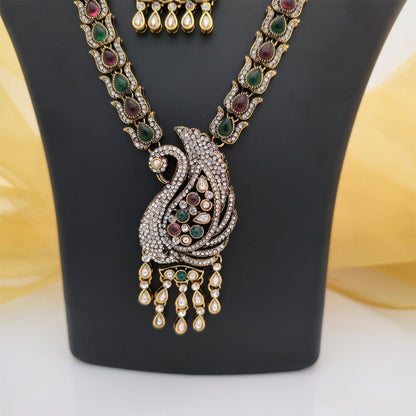Moissanite and AD Multicolour Necklace Set with Matching Earrings & Maang Tikka | Peacock Design Jewellery for Women