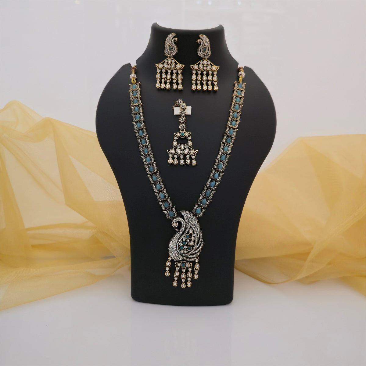 Moissanite and AD Multicolour Necklace Set with Matching Earrings & Maang Tikka | Peacock Design Jewellery for Women