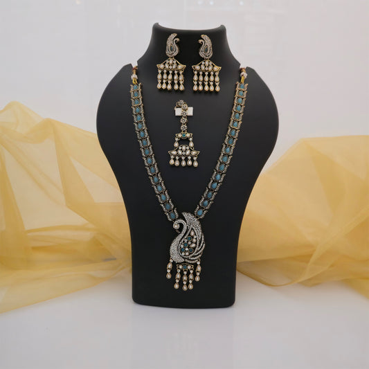 Moissanite and AD Multicolour Necklace Set with Matching Earrings & Maang Tikka | Peacock Design Jewellery for Women