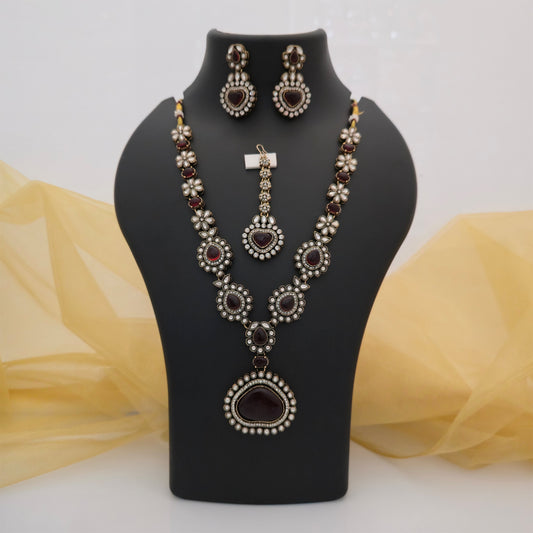 Moissanite and AD Multicolour Necklace Set with Earrings & Maang Tikka | Designer Ethnic Jewellery for Women