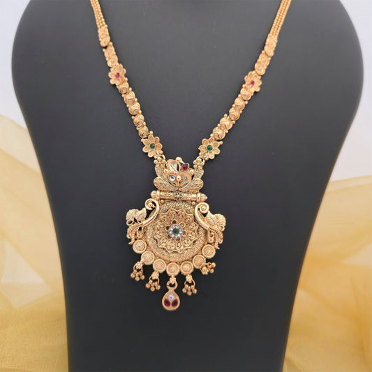Gold Plated Rajwadi Polish Traditional Necklace Set with Antique Pendant and Matching Earrings for Women