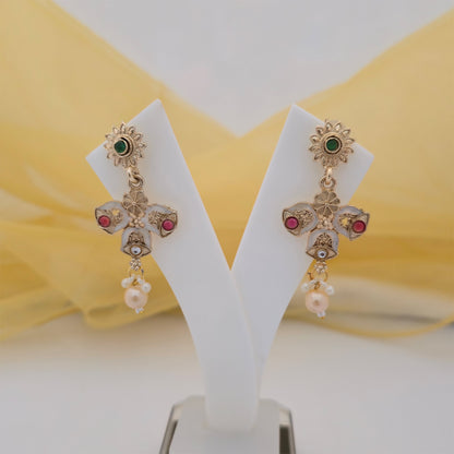 Traditional Multistrand White Beaded Necklace Set with Antique Gold-Tone Pendant & Matching Earrings for Women