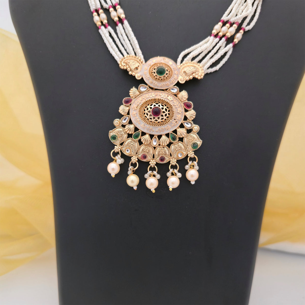 Traditional Multistrand White Beaded Necklace Set with Antique Gold-Tone Pendant & Matching Earrings for Women
